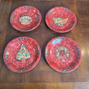 4 Susan Winget Red Home For The Holidays 8” Plates Wreath Tree Cornucopia Basket